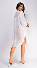 Katie White Button Down Shirt Cover Up side profile view on model