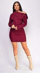 Vanetta Wine Red Cable Knit Sweater Mini Dress