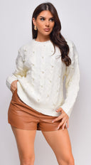 Leli Pearl Cable Detail Sweater Top in Cream close-up of pearl embellishment