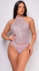 Catalda Pink Sequin Halter Open back Bodysuit