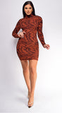 Alvena Rust Brown Wave Print High Neck Mini Dress