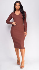 Marta Brown Collard Long Sleeve Ribbed Midi Dress