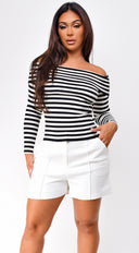 Pasadena Off Shoulder Ribbed Top in Black back view on model