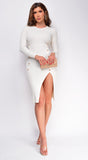 Sophina Off White Long Sleeve Ribbed Side Slit Midi Dress