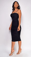 Valery Black Mesh Ruched Midi Dress