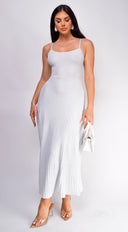 Janece Shimmer Knit Midi Dress in Silver back hemline and length on model