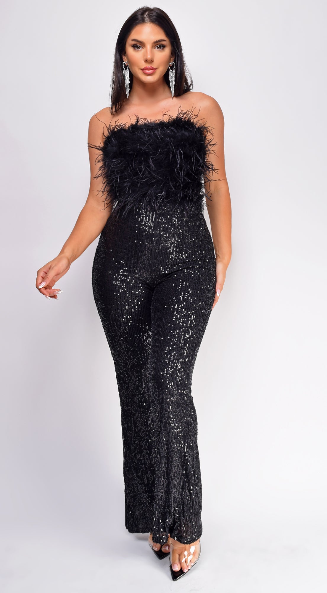 Willa Black Feather Sequin Jumpsuit