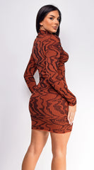 Alvena Rust Brown Wave Print High Neck Mini Dress