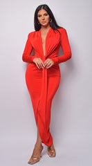 Celeste Bright Red V Plunge Drape Dress