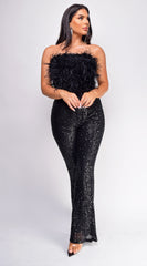 Willa Black Feather Sequin Jumpsuit