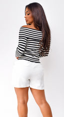 Pasadena Off Shoulder Ribbed Top in Black close-up of ribbed knit texture