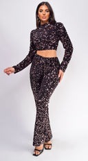 Ceren Black Pink Velvet Sequin Pants Set back view on model