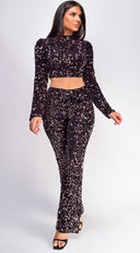 Ceren Black Pink Velvet Sequin Pants Set full length front view on model