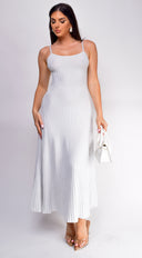 Janece Shimmer Knit Midi Dress in Silver fabric drape close-up hemline and silhouette detail