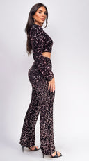 Ceren Black Pink Velvet Sequin Pants Set side profile view on model