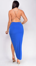 Sienna Blue Cowl Neck Gold Chain Midi Dress styled outfit flat lay