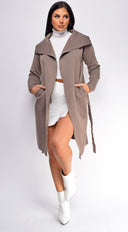Galina Brown Light Weight Belted Cardigan Coat side profile view on model