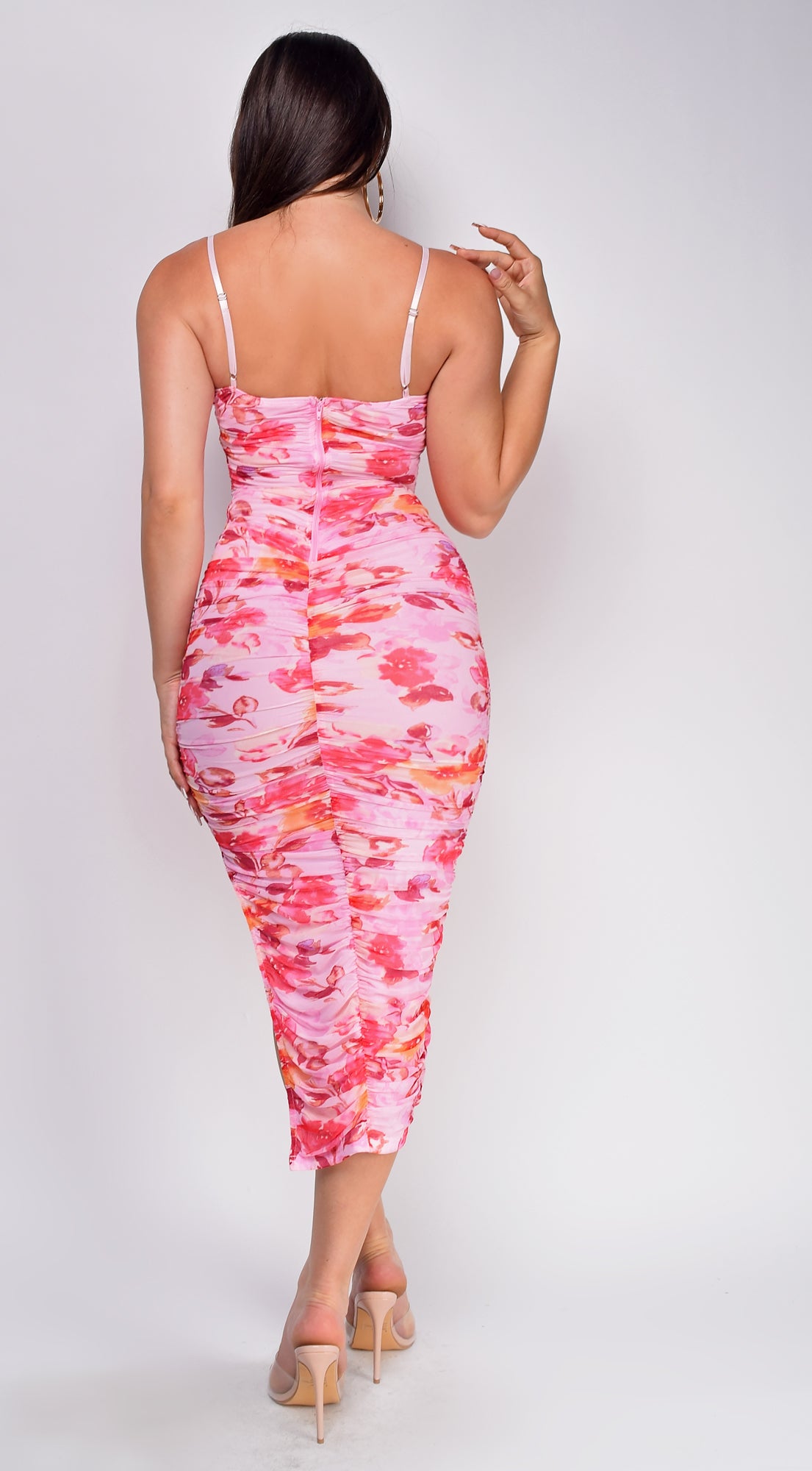 Gaya Pink Floral Print Mesh Ruched Midi Dress