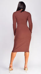 Marta Brown Collard Long Sleeve Ribbed Midi Dress