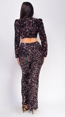 Ceren Black Pink Velvet Sequin Pants Set close-up of sequin detailing