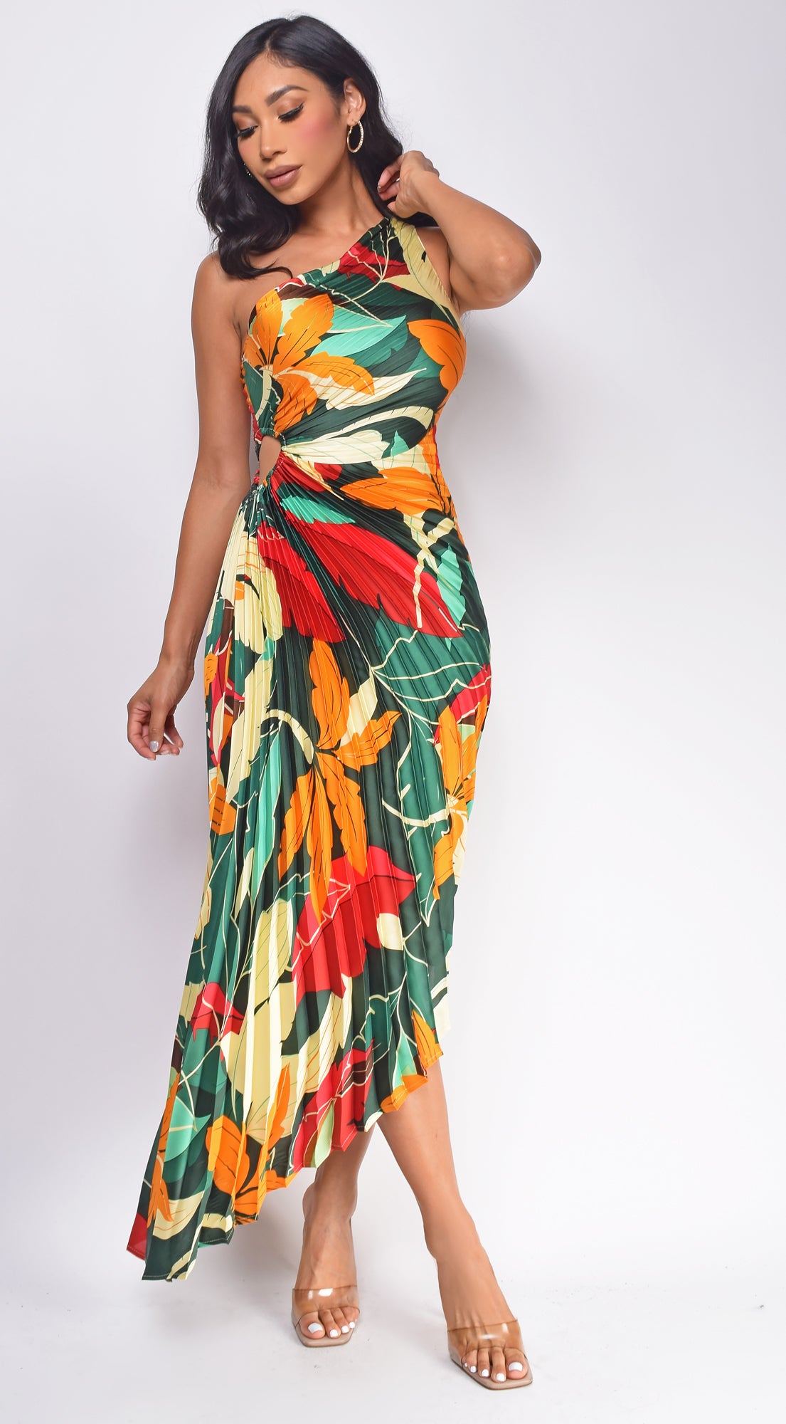 Rio Green Multi Color Floral Print Asymmetrical Pleated Maxi Dress