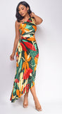 Rio Green Multi Color Floral Print Asymmetrical Pleated Maxi Dress