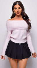 Erin Off Shoulder Sweater Top in Pink full length front view on model