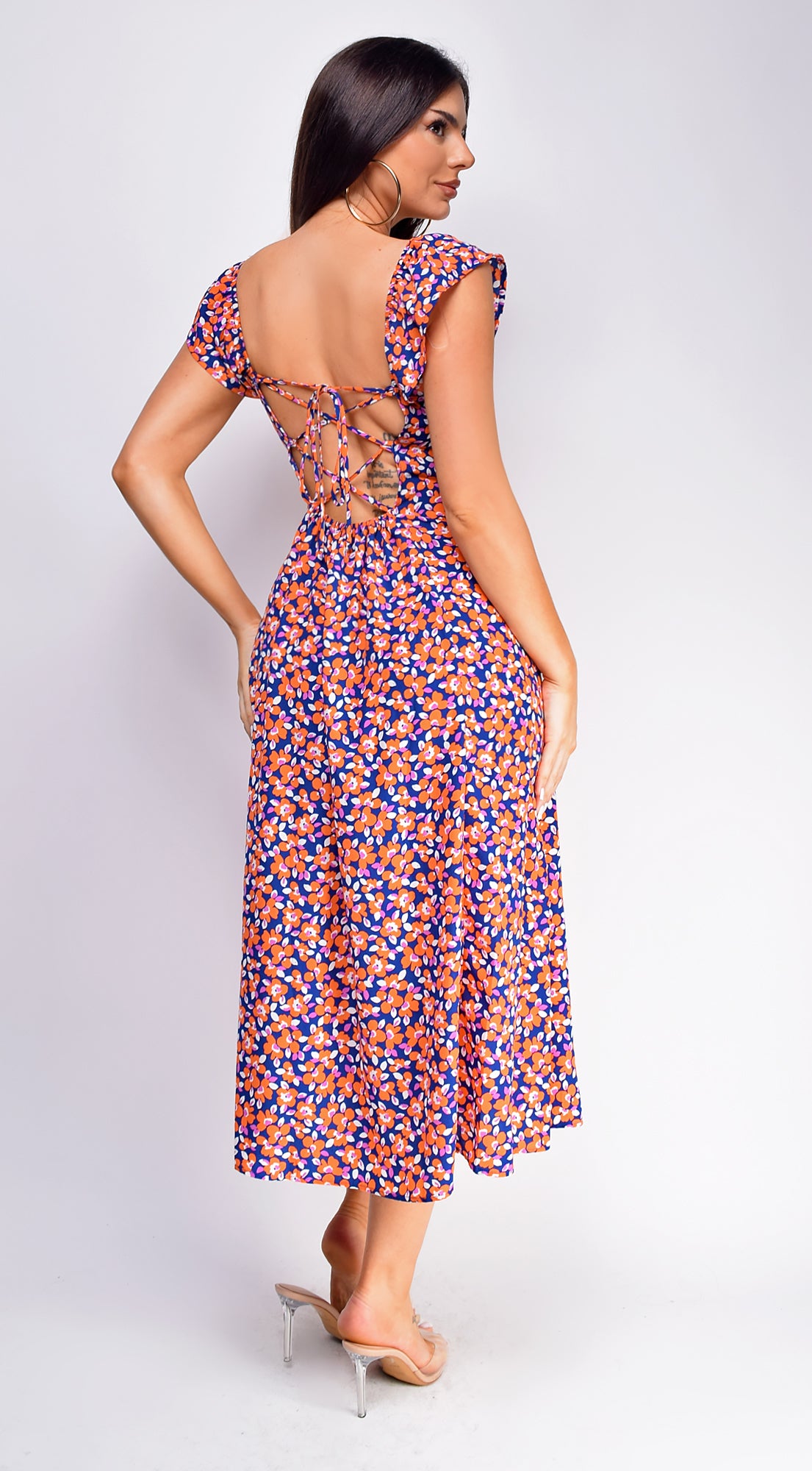 Lacinda Blue Orange Multi Floral Print  Maxi Dress