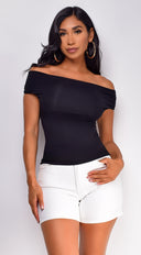 Casey Off Shoulder Top in Black full length front view on model