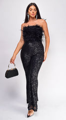 Willa Black Feather Sequin Jumpsuit