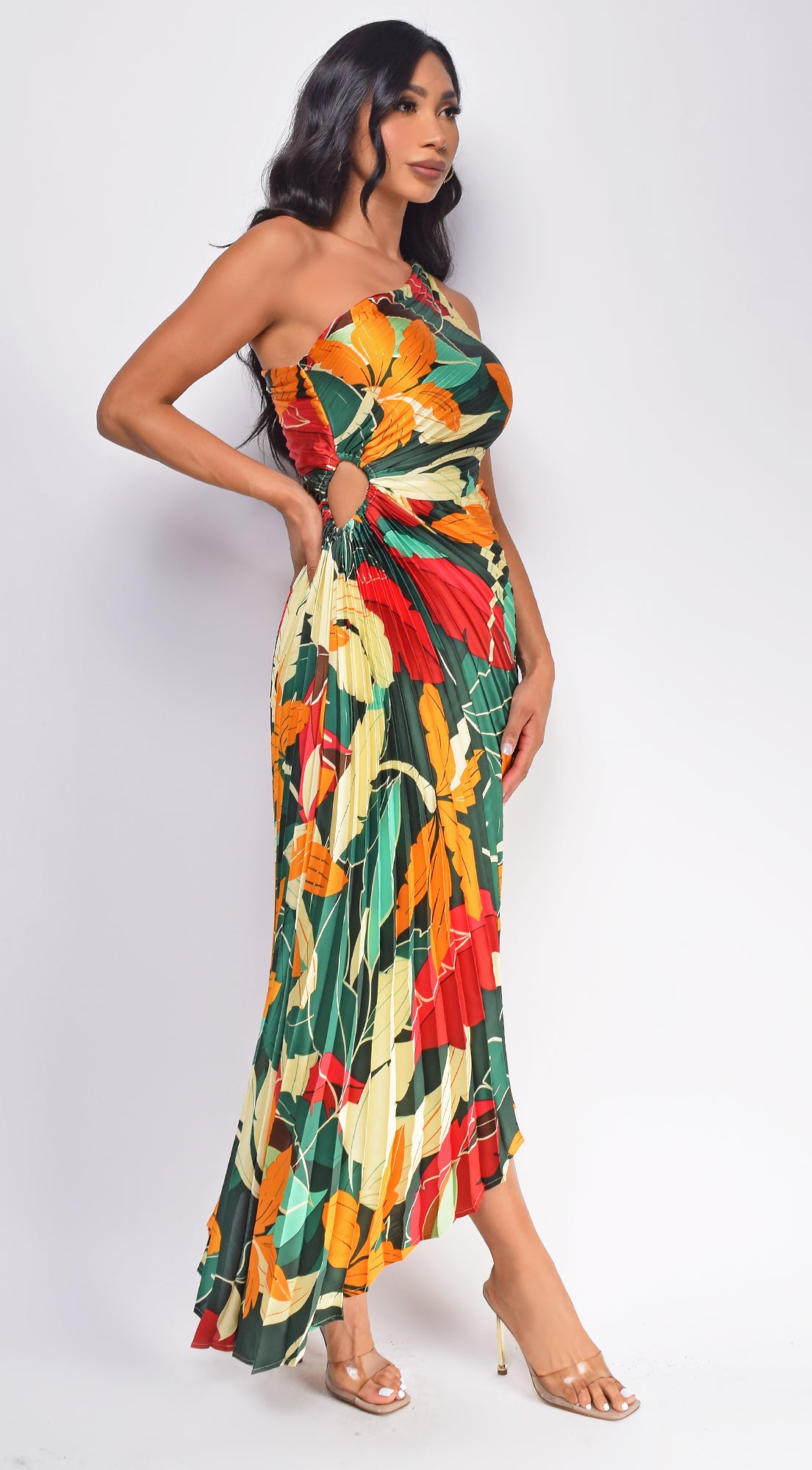 Rio Green Multi Color Floral Print Asymmetrical Pleated Maxi Dress