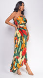 Rio Green Multi Color Floral Print Asymmetrical Pleated Maxi Dress