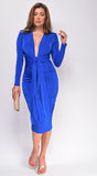 Alicyn Royal Blue Waist Tie Long Sleeve Midi Dress