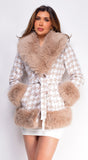 Elizaveta Cream Beige Plaid Faux Fur Wool Coat