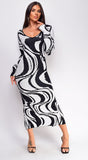 Maeva Black White Swirl Sweater Midi Dress