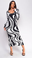 Maeva Black White Swirl Sweater Midi Dress