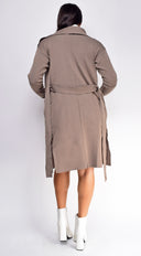Galina Brown Light Weight Belted Cardigan Coat close-up of fabric and construction