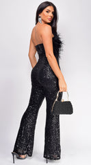 Willa Black Feather Sequin Jumpsuit