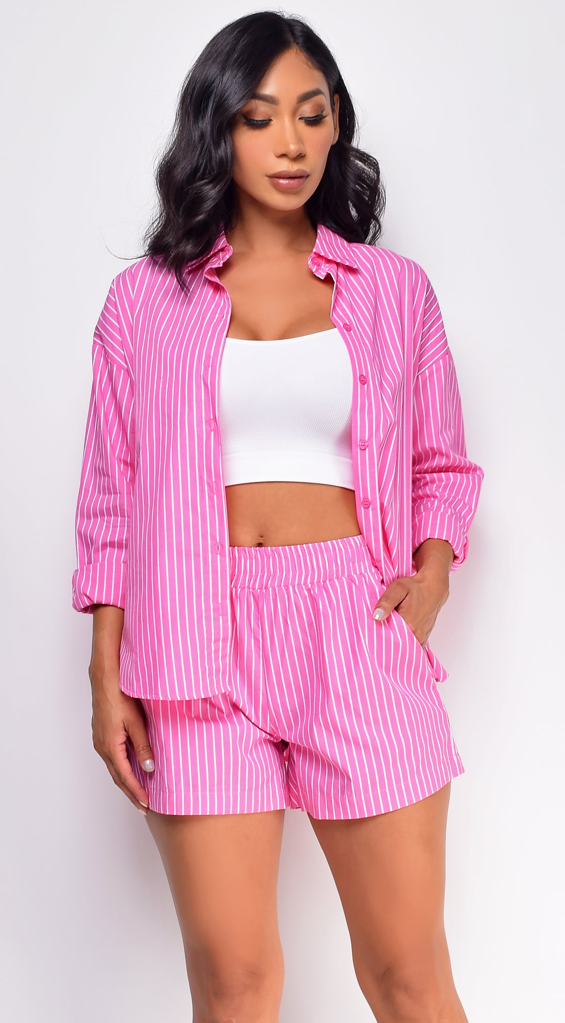 Lani Pink White Striped Two Piece Shirt Set