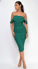 Kat Mesh Off Shoulder Dress - Hunter Green