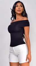 Casey Off Shoulder Top in Black close-up of off-shoulder neckline