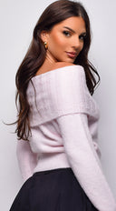 Erin Off Shoulder Sweater Top in Pink close-up of off-shoulder neckline