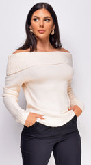 Anavila Cream White Off Shoulder Long Sleeve Sweater Top