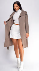 Galina Brown Light Weight Belted Cardigan Coat full length front view on model