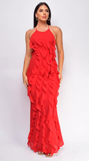 Erma Halter Ruffle Maxi Dress in Red close-up of halter neckline