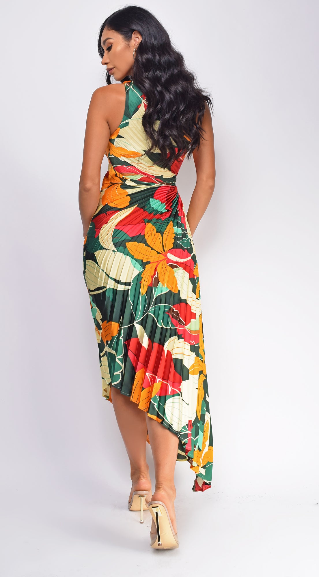 Rio Green Multi Color Floral Print Asymmetrical Pleated Maxi Dress