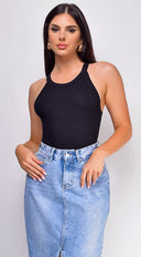 Maria Ribbed Top in Black full length front view on model