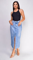 Frances High Rise Denim Midi Skirt - Blue
