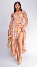 Valeria Corset Ruffle Midi Dress – Sunset Floral