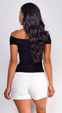 Casey Off Shoulder Top in Black side profile view on model